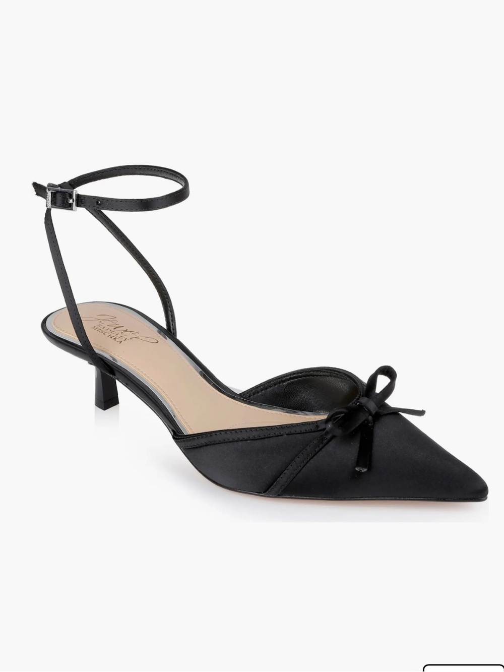 Jewel Badgley Mischka Talasia Ankle Strap Pointed Toe Sandals Black Satin – Sz 8